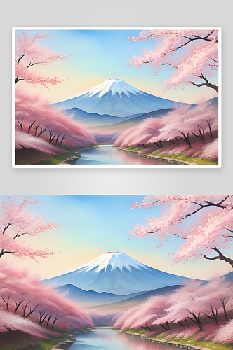 梦幻手绘樱花与富士山的浪漫邂逅