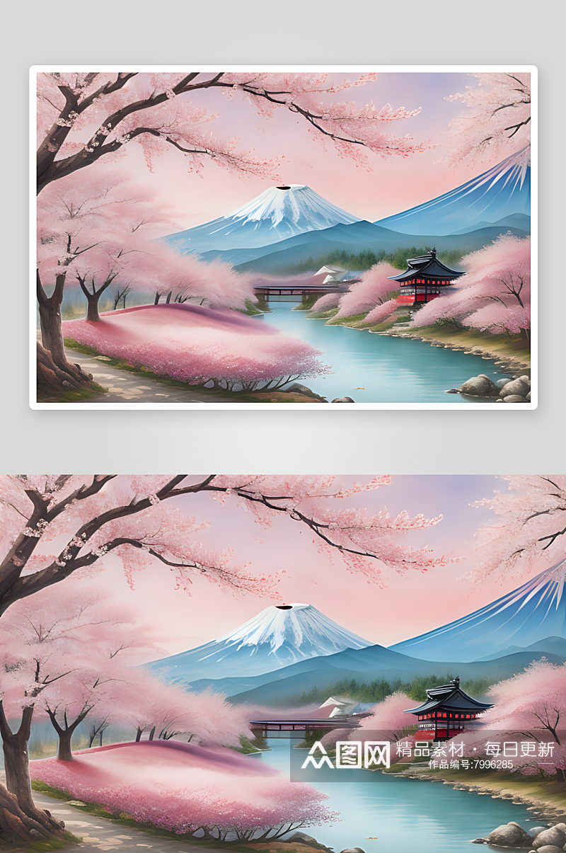 梦幻手绘樱花与富士山的浪漫邂逅素材