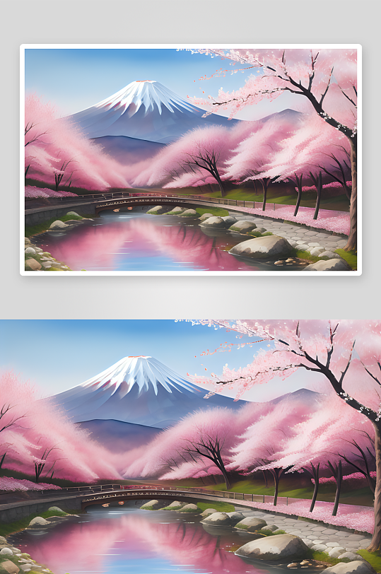 梦幻手绘樱花与富士山的浪漫邂逅
