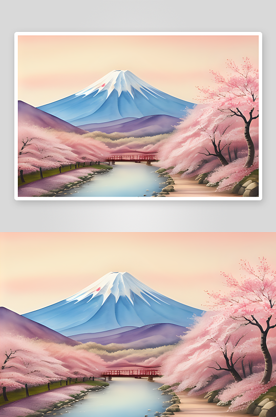 手绘日式樱花与富士山浪漫风情尽显