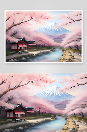 手绘日式樱花与富士山迷人浪漫绽放