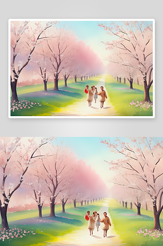 梦幻手绘樱花与富士山的浪漫美景