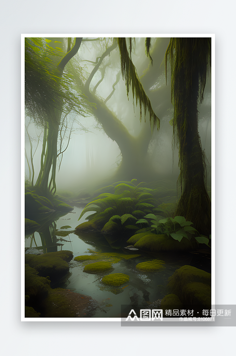 雾气缭绕水面上的长满苔藓蕨类植物素材