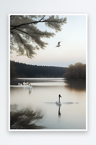 清晨湖水中的黑白天鹅