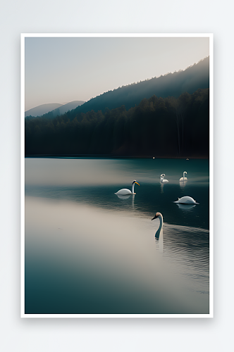 清晨湖水中的黑白天鹅