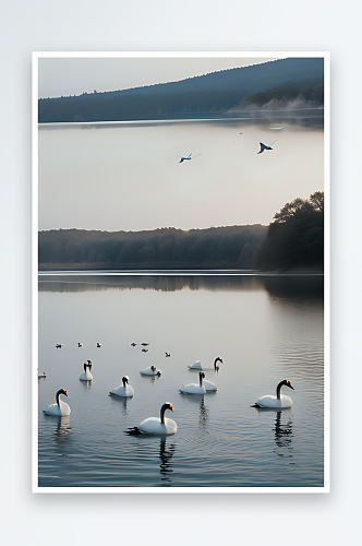 清晨湖水上的白天鹅与黑天鹅
