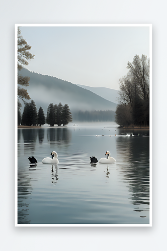 清晨湖水中的天鹅群