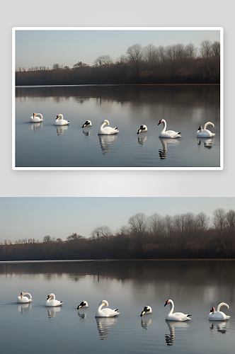 清晨湖畔的白天鹅和黑天鹅