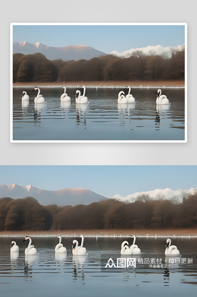 清晨湖畔的白天鹅和黑天鹅素材