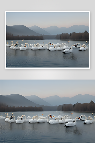 清晨湖畔的白天鹅和黑天鹅