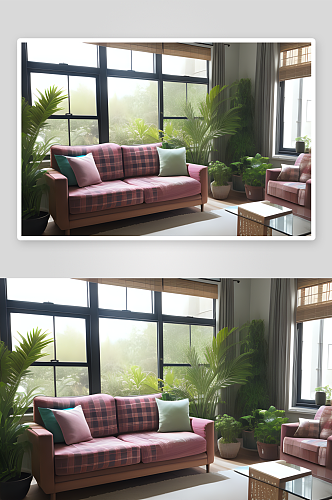 绿植点缀的客厅窗外美丽风景