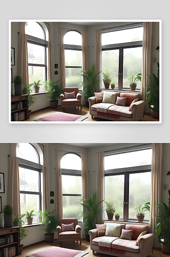 绿植点缀的客厅窗外美丽风景