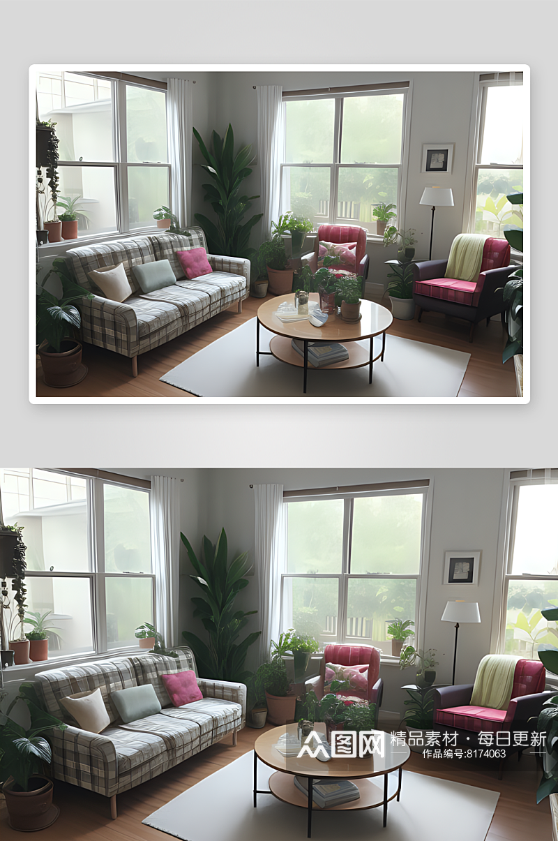 绿植点缀的客厅窗外美丽风景素材