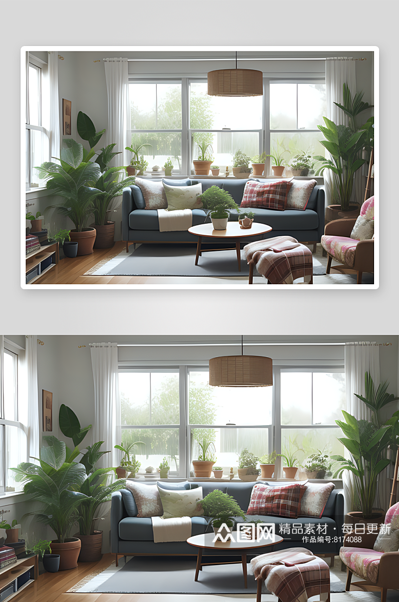绿植点缀的客厅窗外美丽风景素材