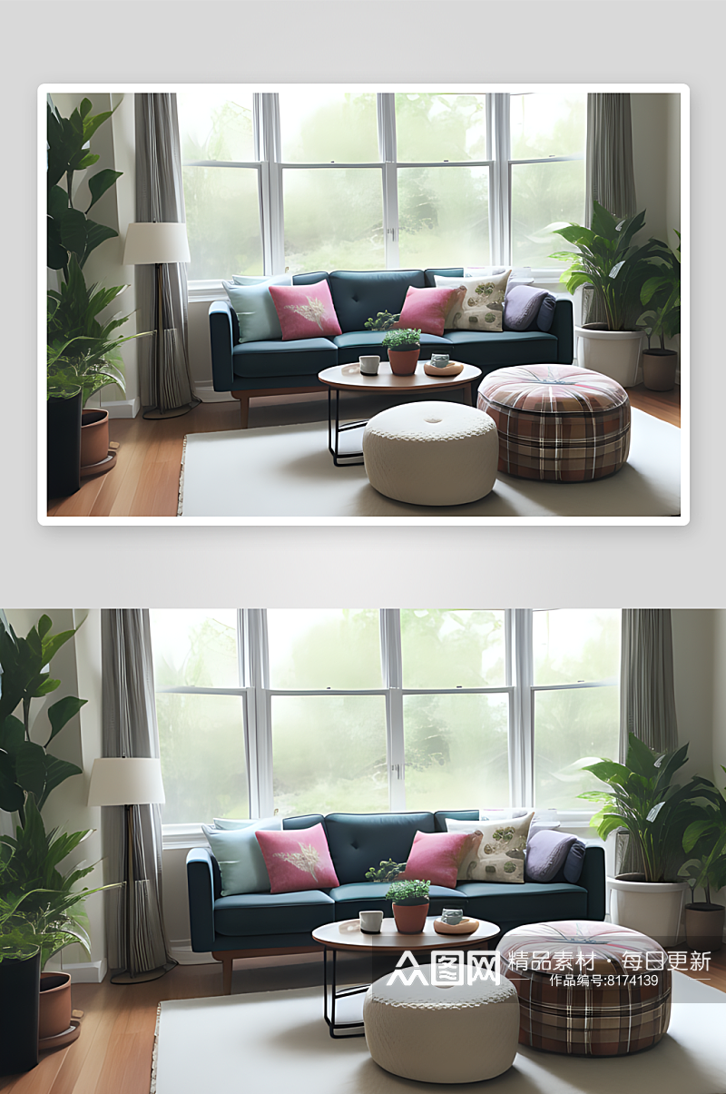 舒适的客厅窗边绿植与柔软沙发素材