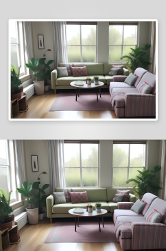 舒适的客厅窗边绿植与柔软沙发