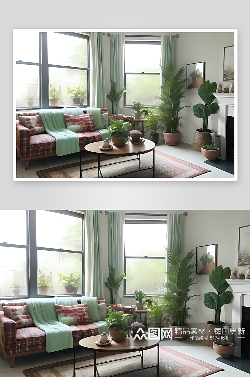 舒适的客厅窗边绿植与柔软沙发素材