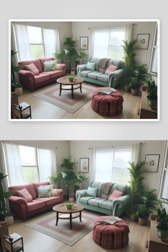 舒适的客厅窗边绿植与柔软沙发