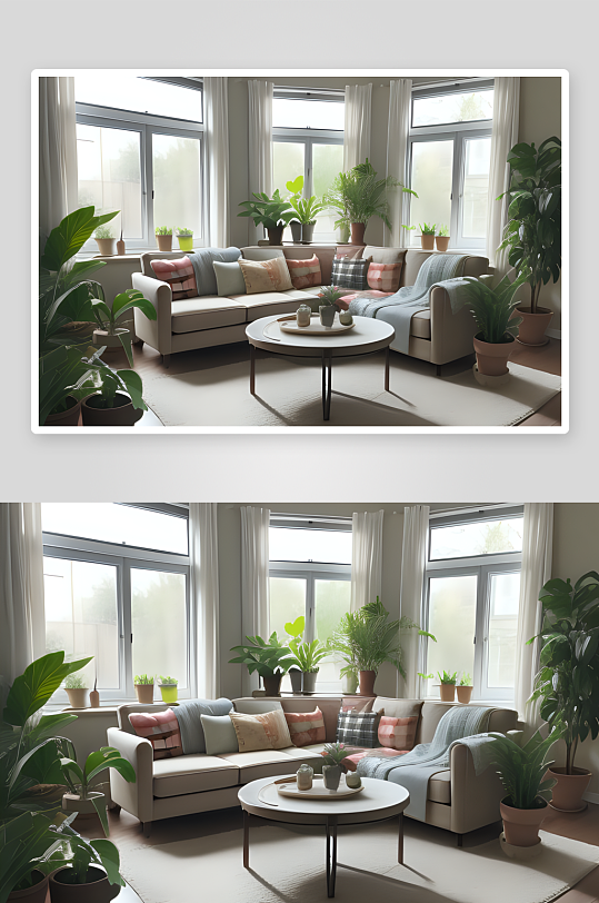绿植环绕的客厅靠窗沙发柔软舒适
