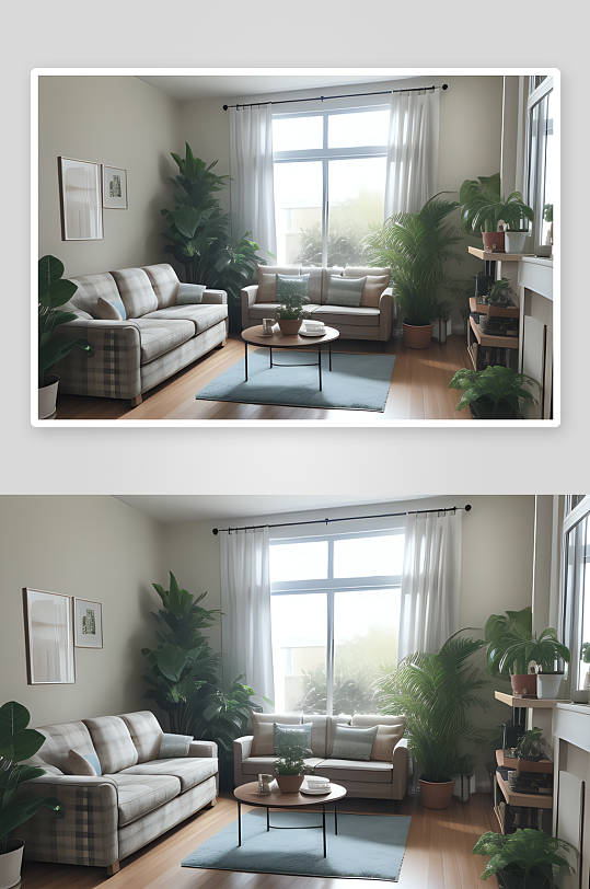 绿植环绕的客厅靠窗沙发柔软舒适