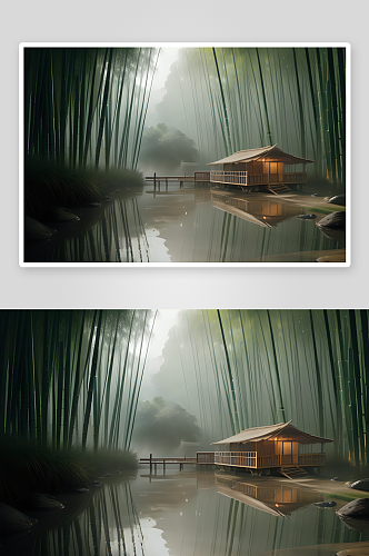清晨竹屋细雨中的河畔风景