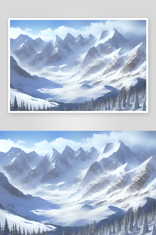 雪山梦幻水彩色调下的宏伟画面