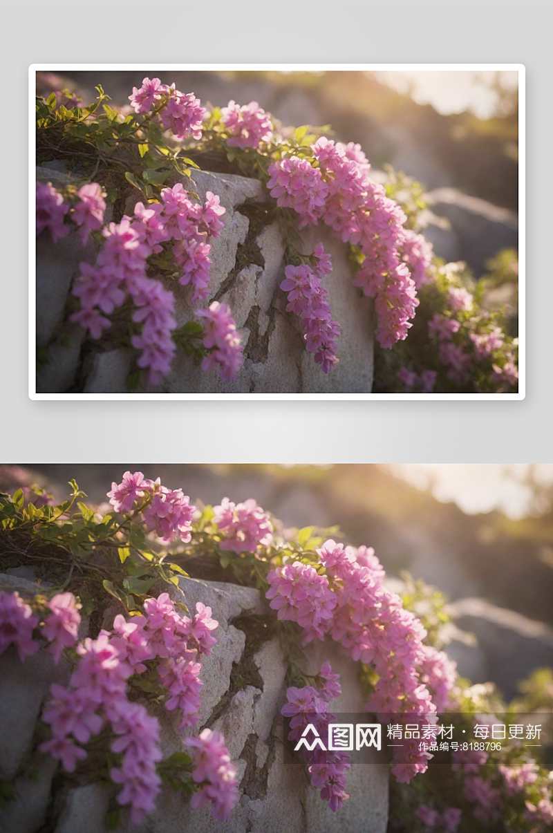 春日花朵装饰的石头十字架素材