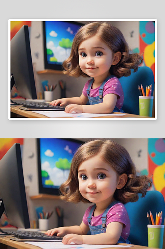 可爱设计师小女孩在电脑前打造令人