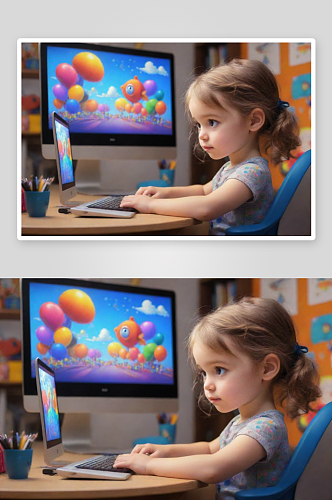 可爱设计师小女孩在电脑前打造令人