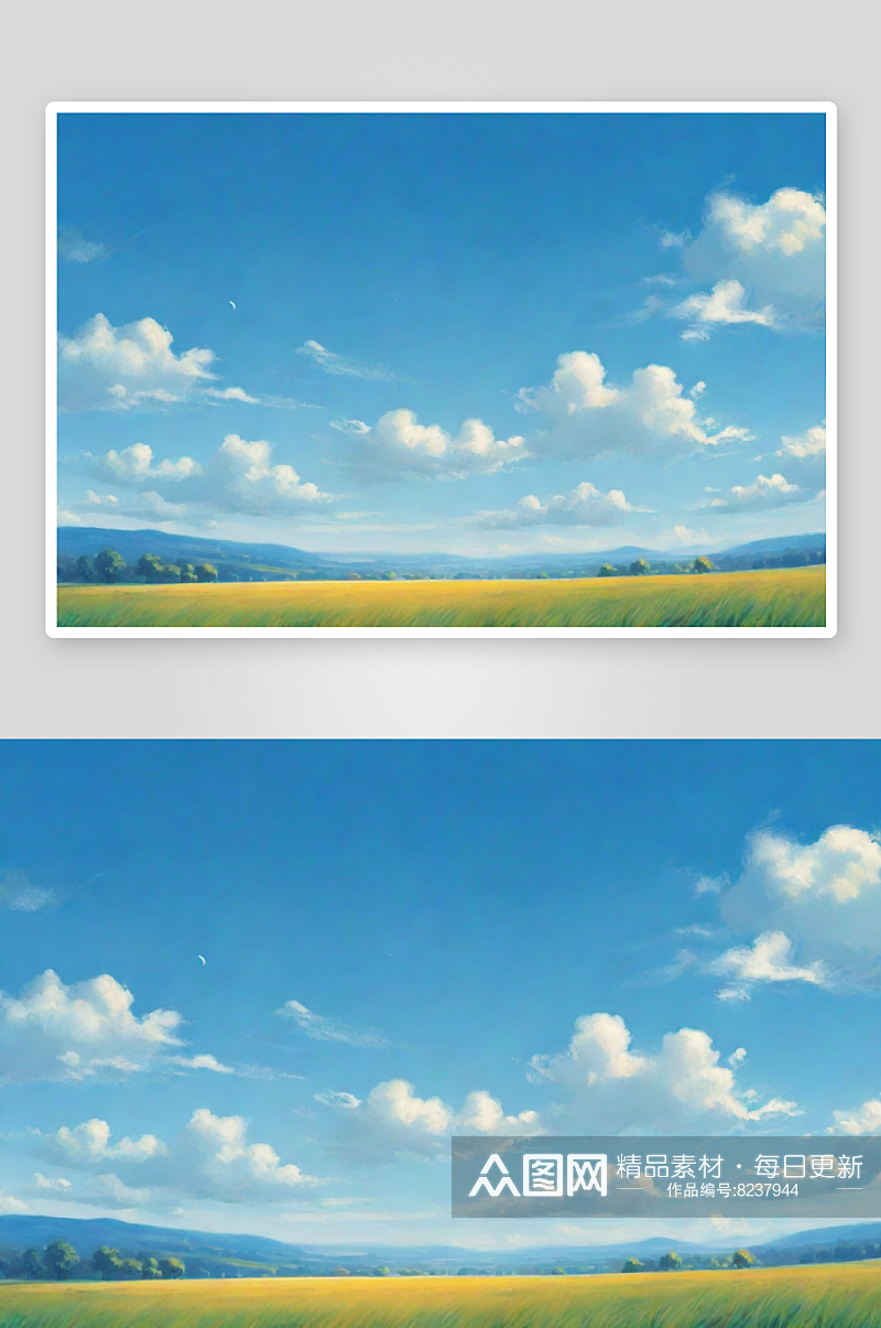 草地草原上的明亮蓝天白云美丽景色素材