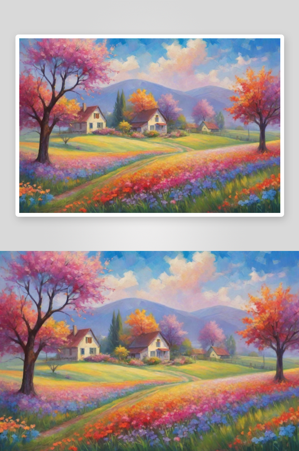 彩绘农村景色花树绽放插画素材