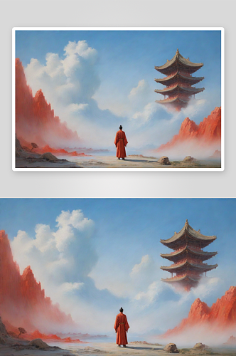 流云中的红色建筑与汉服男子宋代工笔山水画