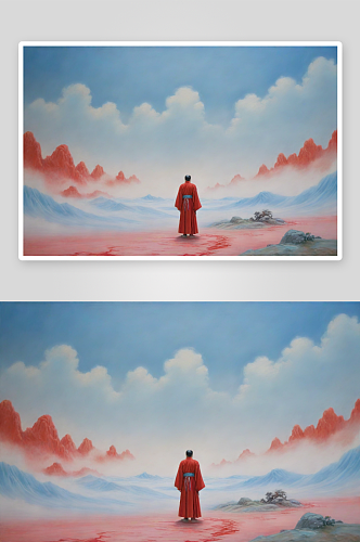 流云中的红色建筑与汉服男子宋代工笔山水画