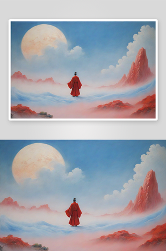 月亮巨大流云中的红色建筑宋代工笔山水画