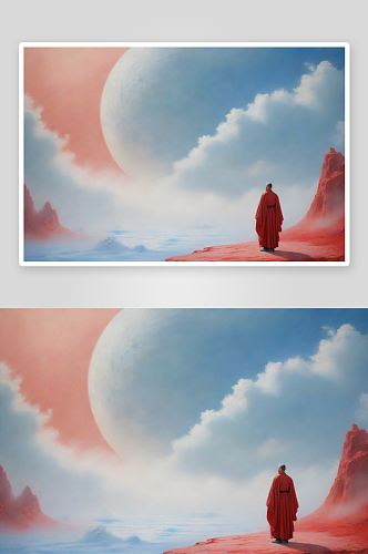 男子与红色建筑在流云中宋代工笔山水画