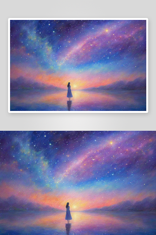 梦幻星空下的女孩背影梵高风格的插画