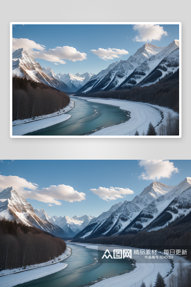 雪山与湍急河流大自然的美景素材
