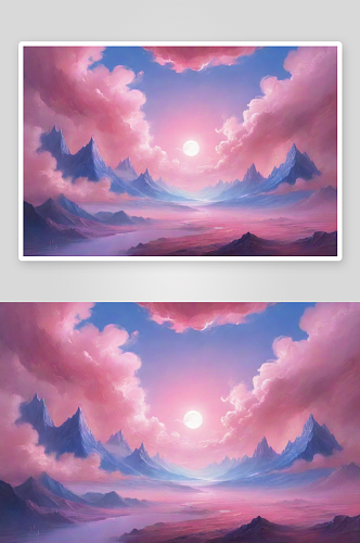 粉色云朵的湖泊风景图