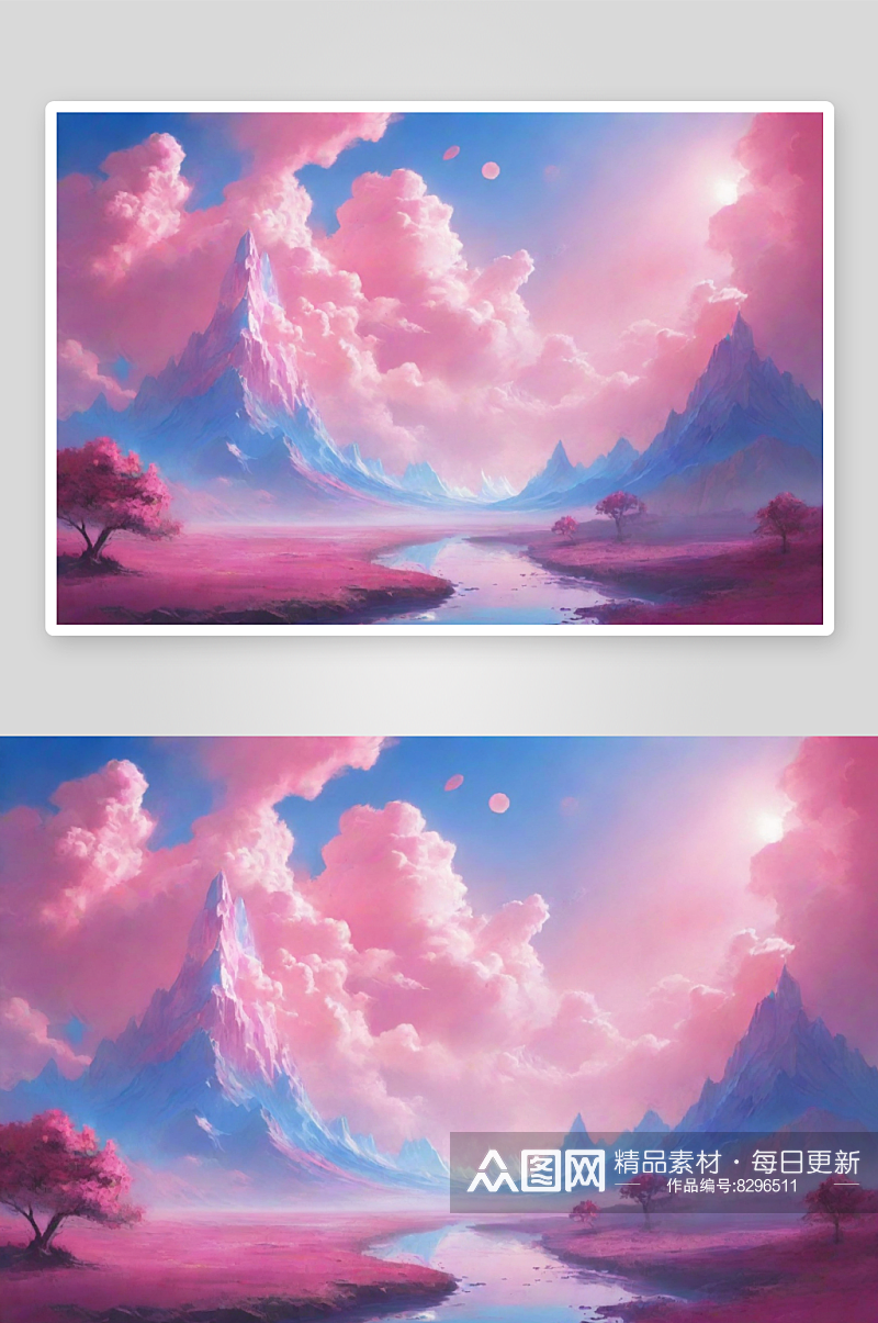 粉色云朵的湖泊风景图素材