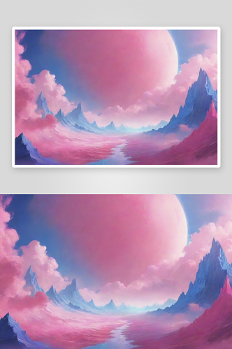 粉色云朵的湖泊风景图