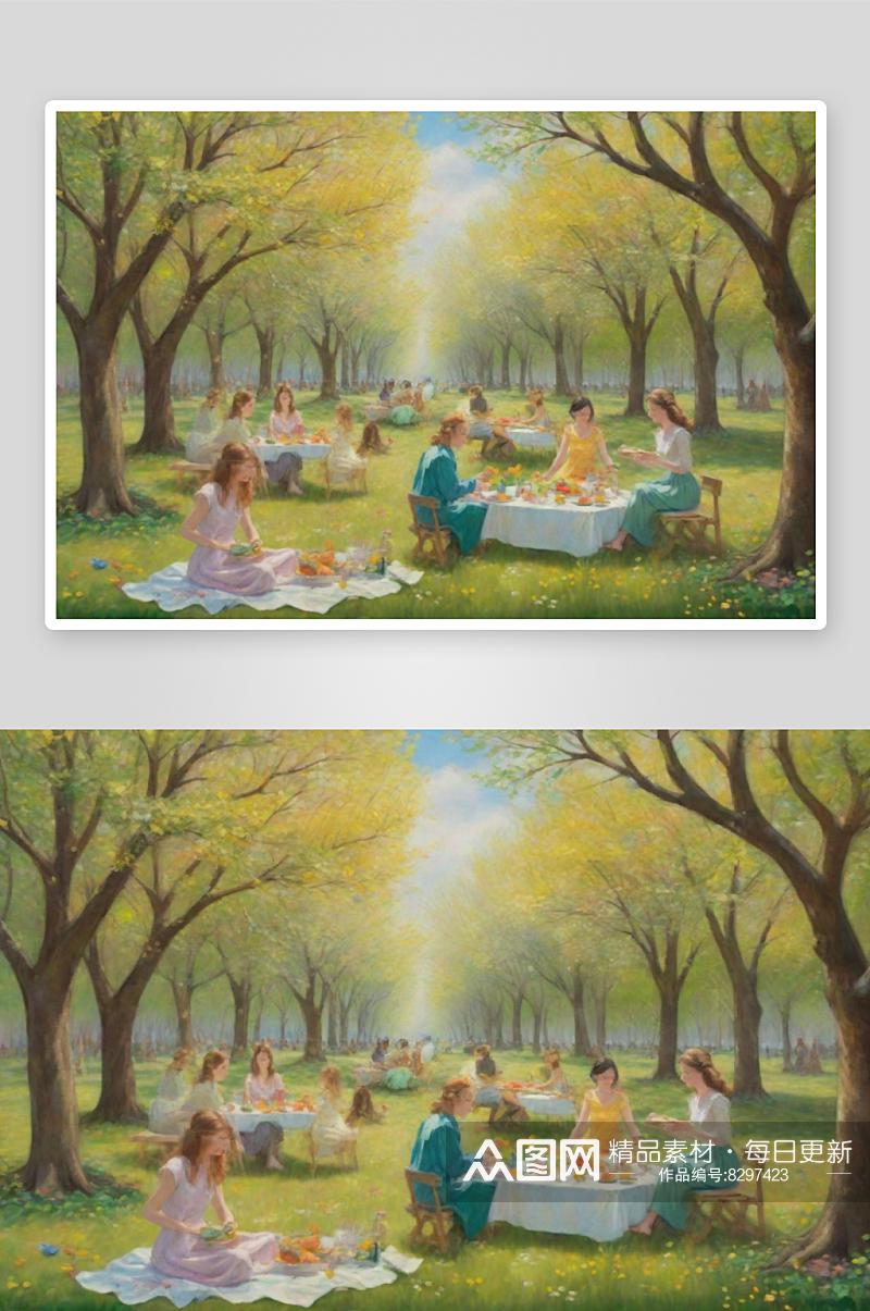 春日野餐好友欢笑庆祝春天的到来素材