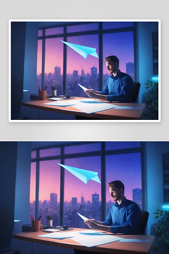 男人在办公室玩纸飞机的画面