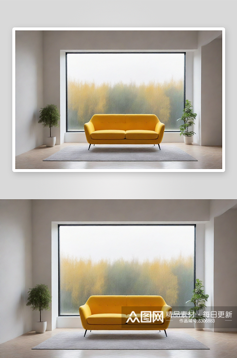大窗户透射的极简黄色沙发素材