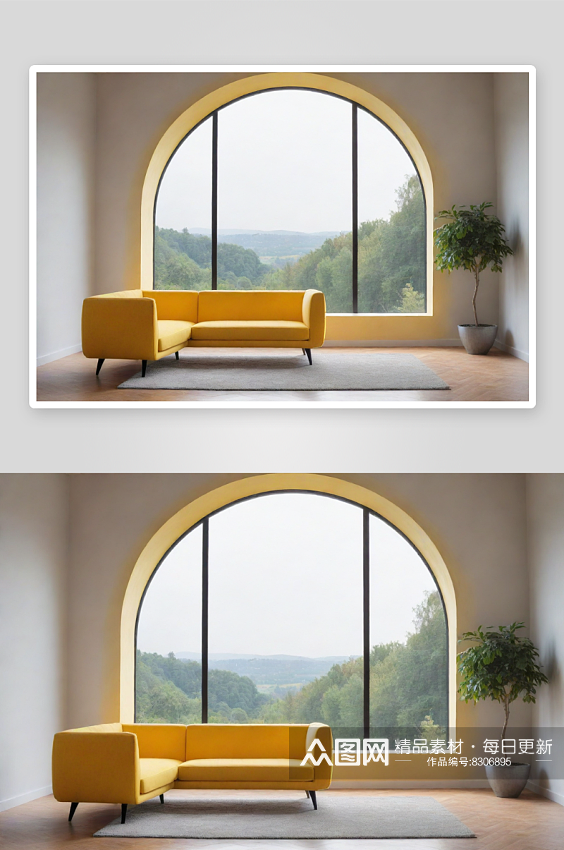 大窗户透射的极简黄色沙发素材