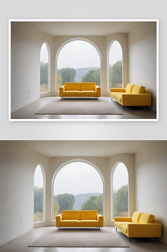 黄色沙发与中心视角下的大窗户