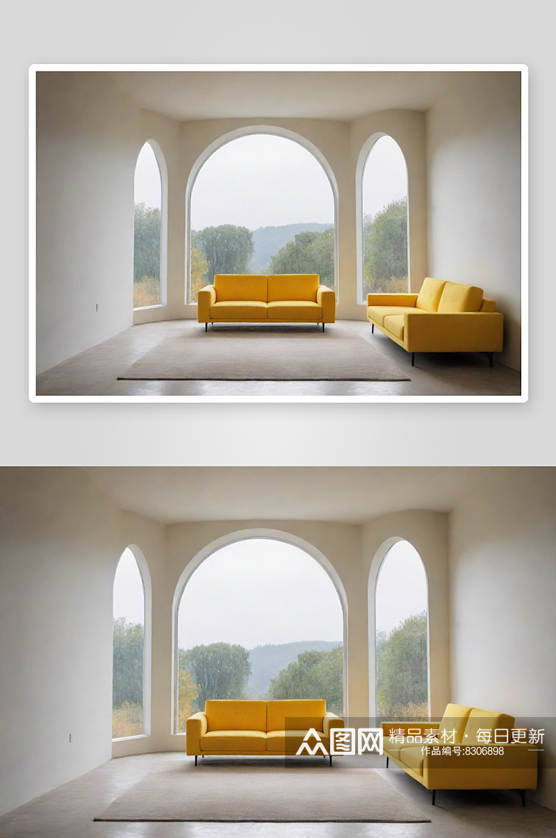 黄色沙发与中心视角下的大窗户素材