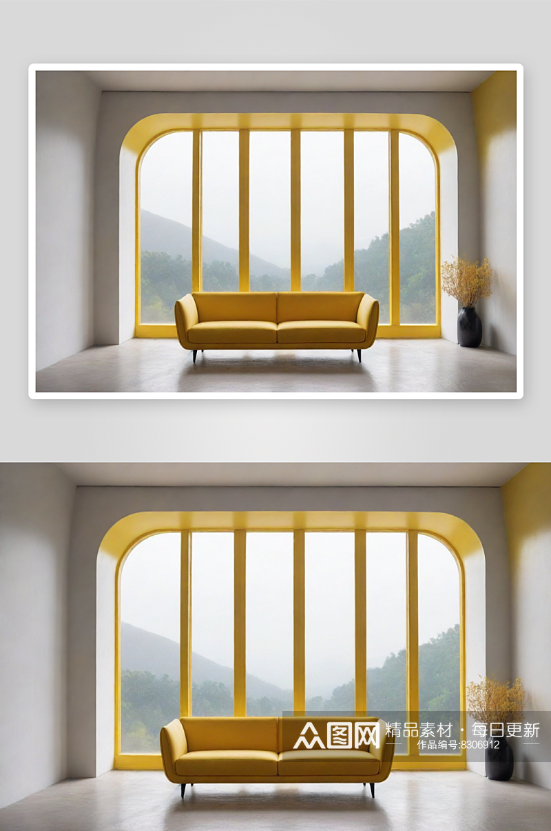 黄色沙发与中心视角下的大窗户素材