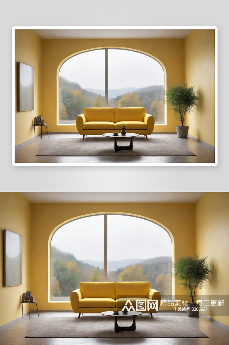 极简室内中的明亮黄色沙发素材