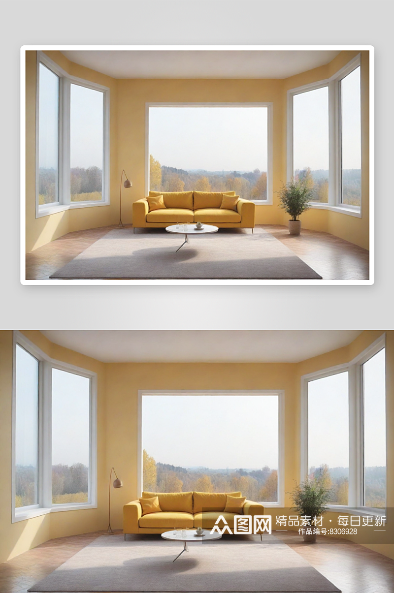 极简室内中的明亮黄色沙发素材