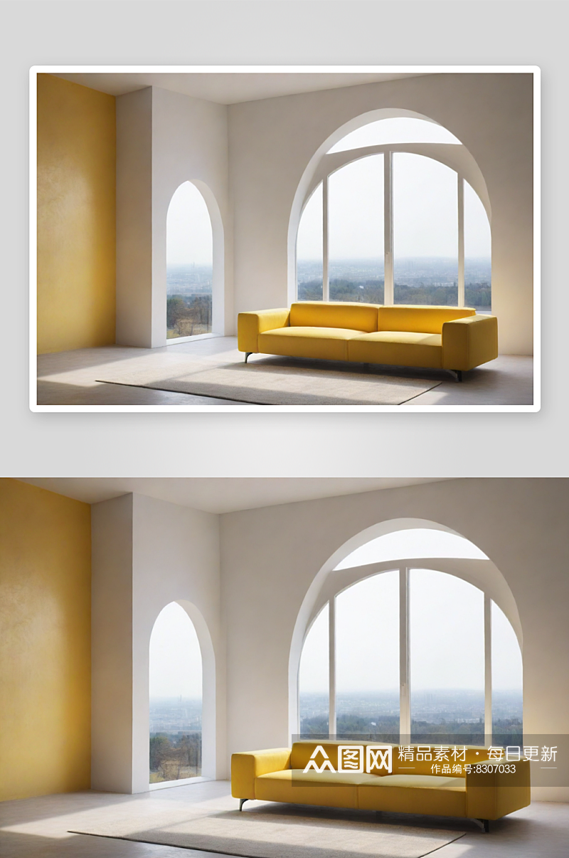 极简风格中的黄色沙发与宽大窗户素材